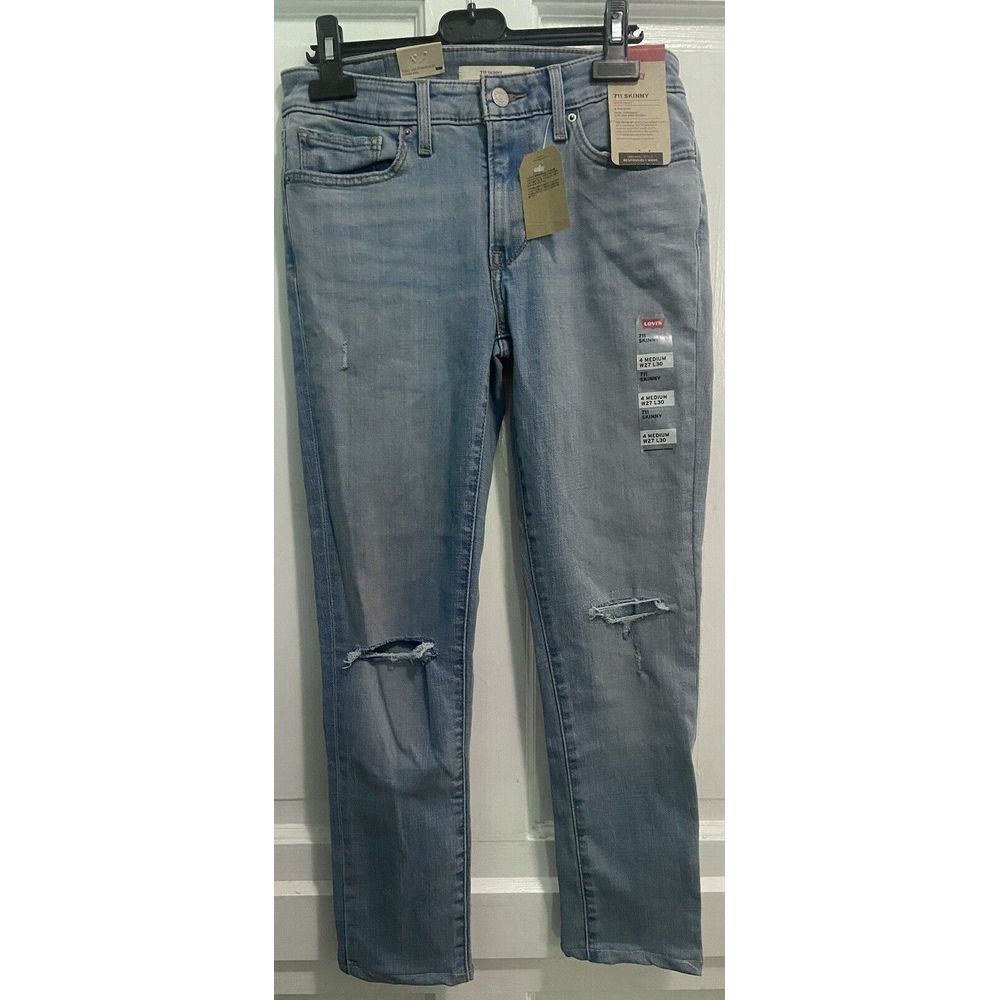 Levis 711‎ Skinny Womens 27x30 Stretch Denim Jeans Med Wash Blue Distressed NWT
